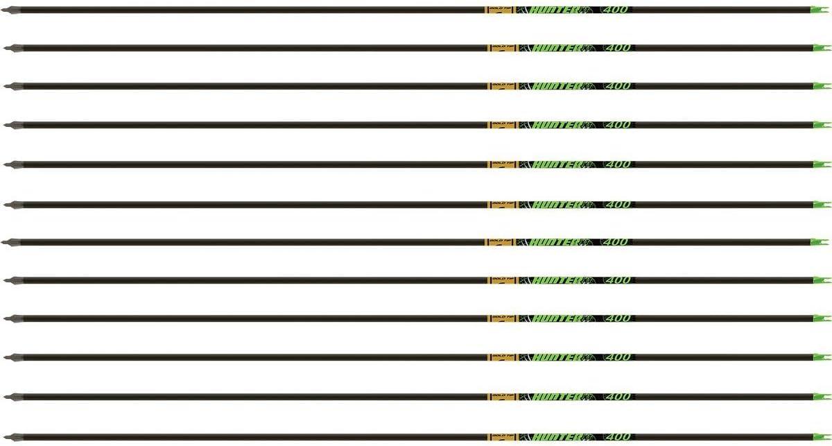 Gold Tip Hunter XT 400 arrow shafts 12 pack with green nocks on white background