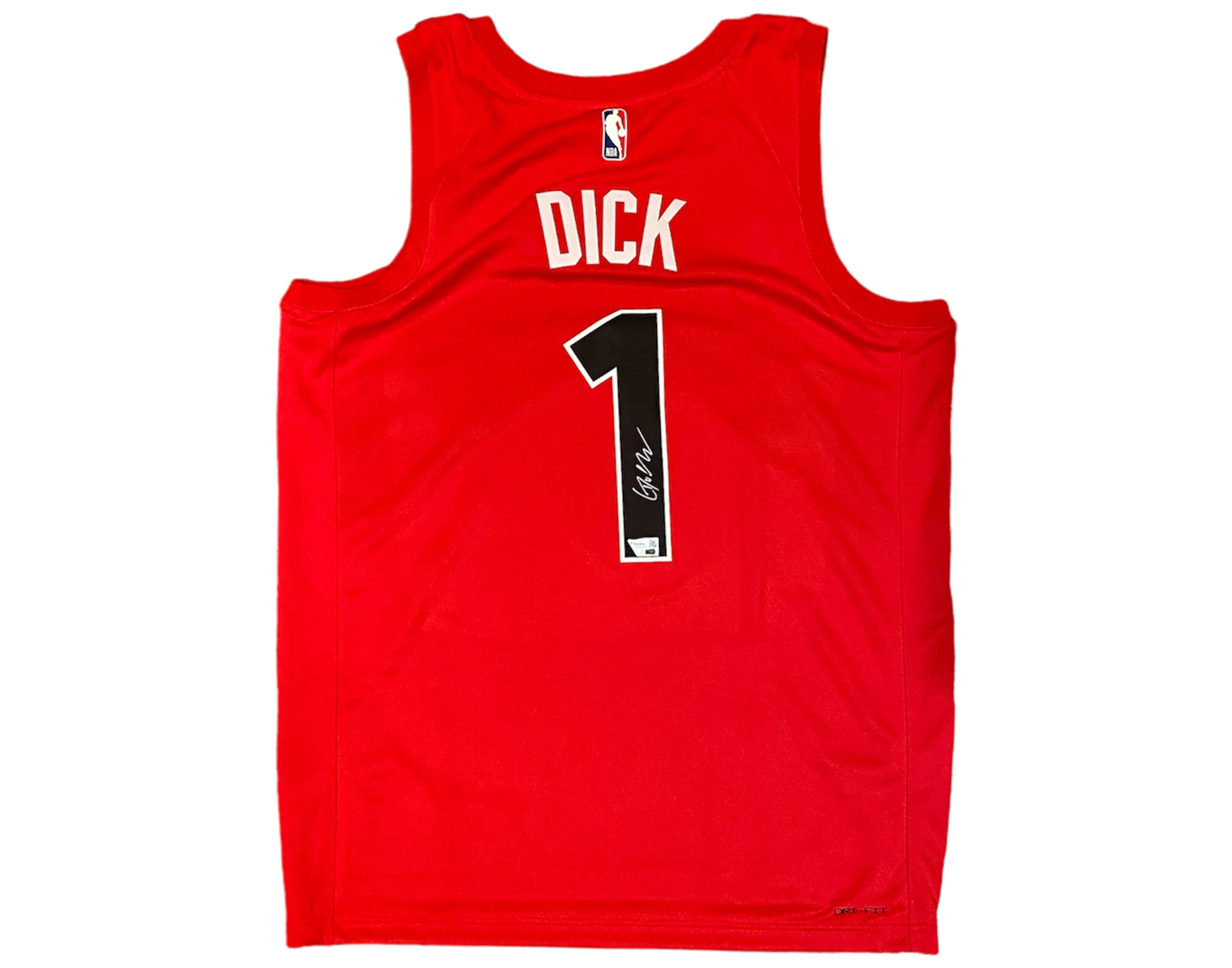 Red NBA basketball jersey with 'Dick' and number 1 on the back, autograph on number