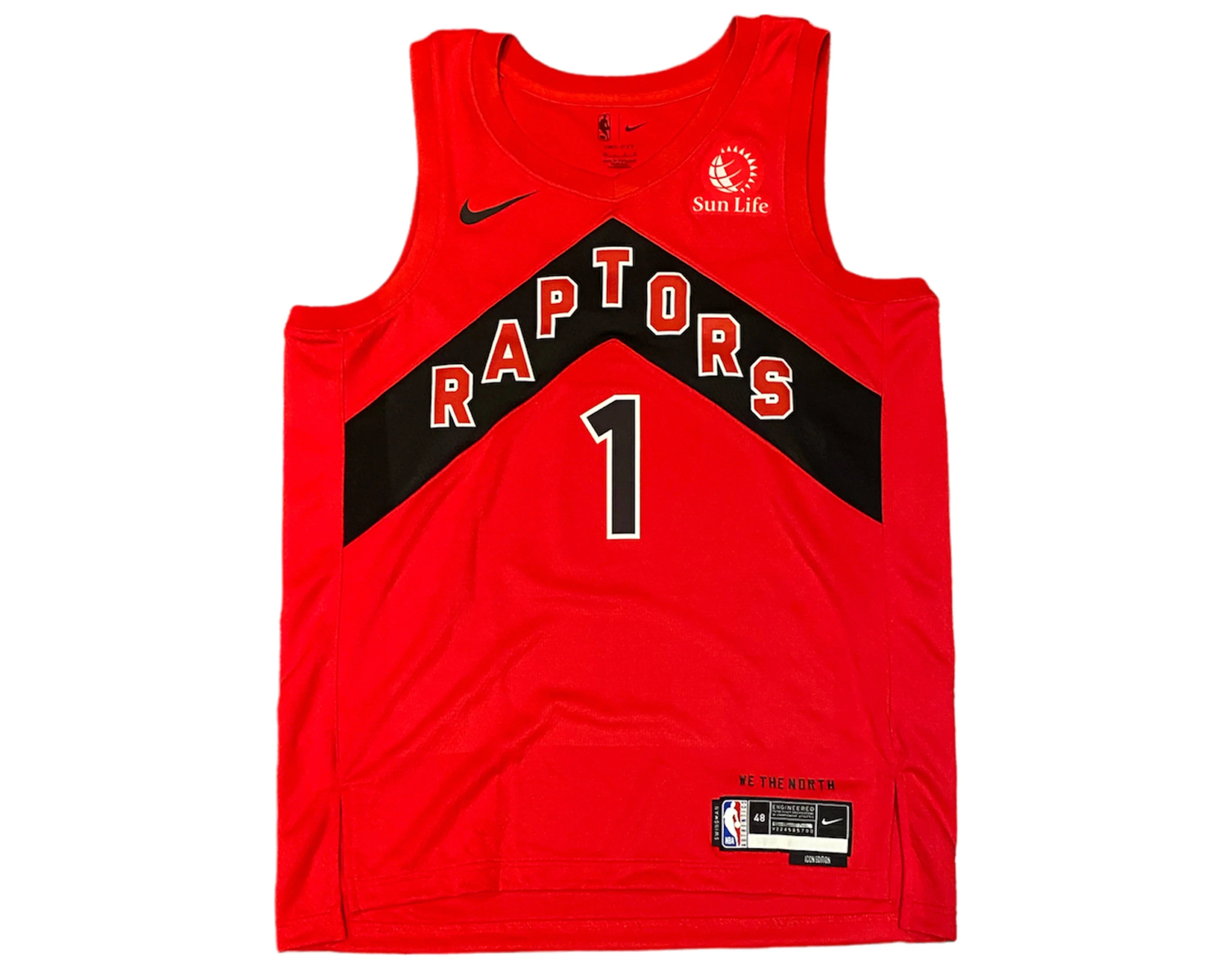 Toronto Raptors red basketball jersey number 1 with Nike and Sun Life logos