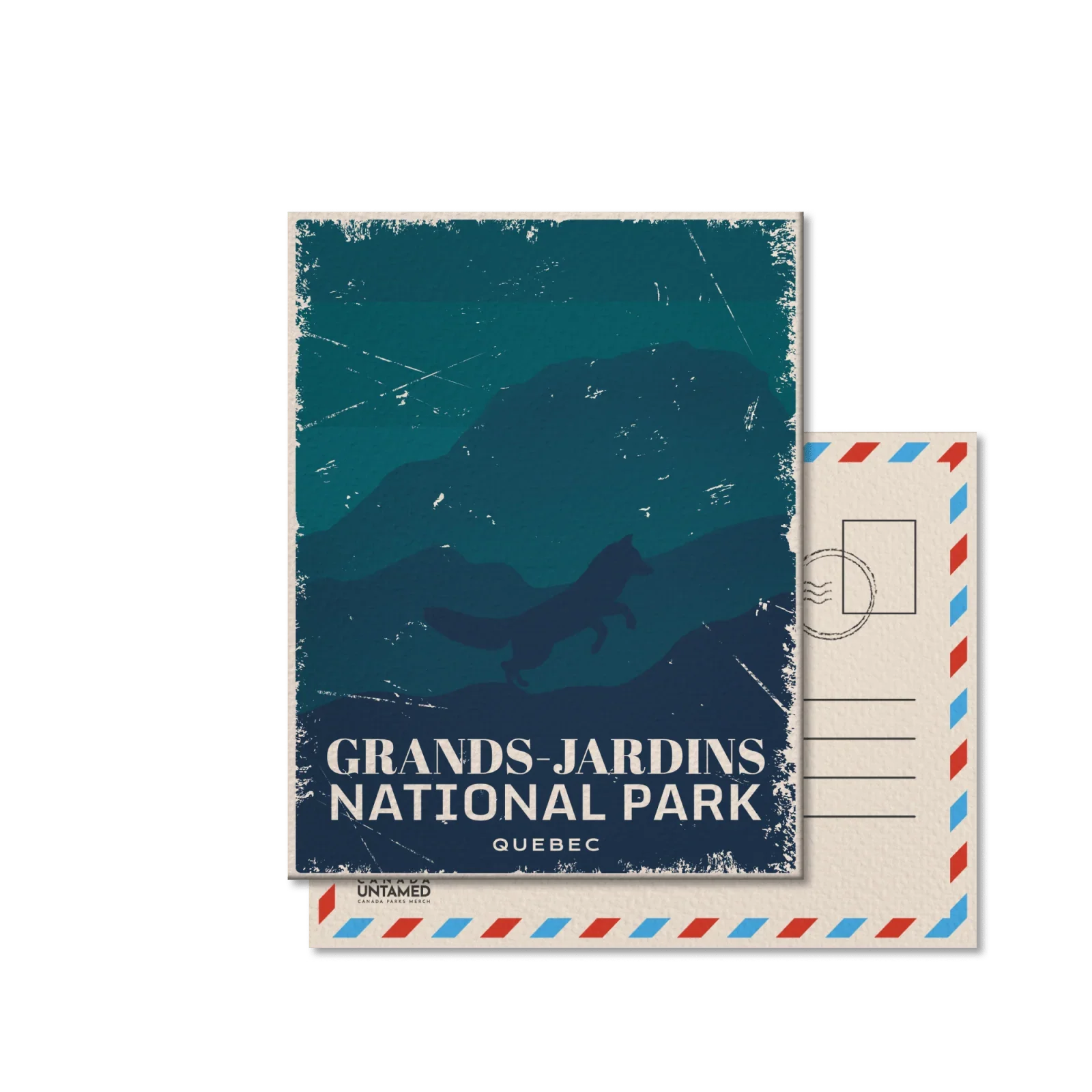 Grands-Jardins National Park Quebec postcard with mountain silhouette and fox illustration