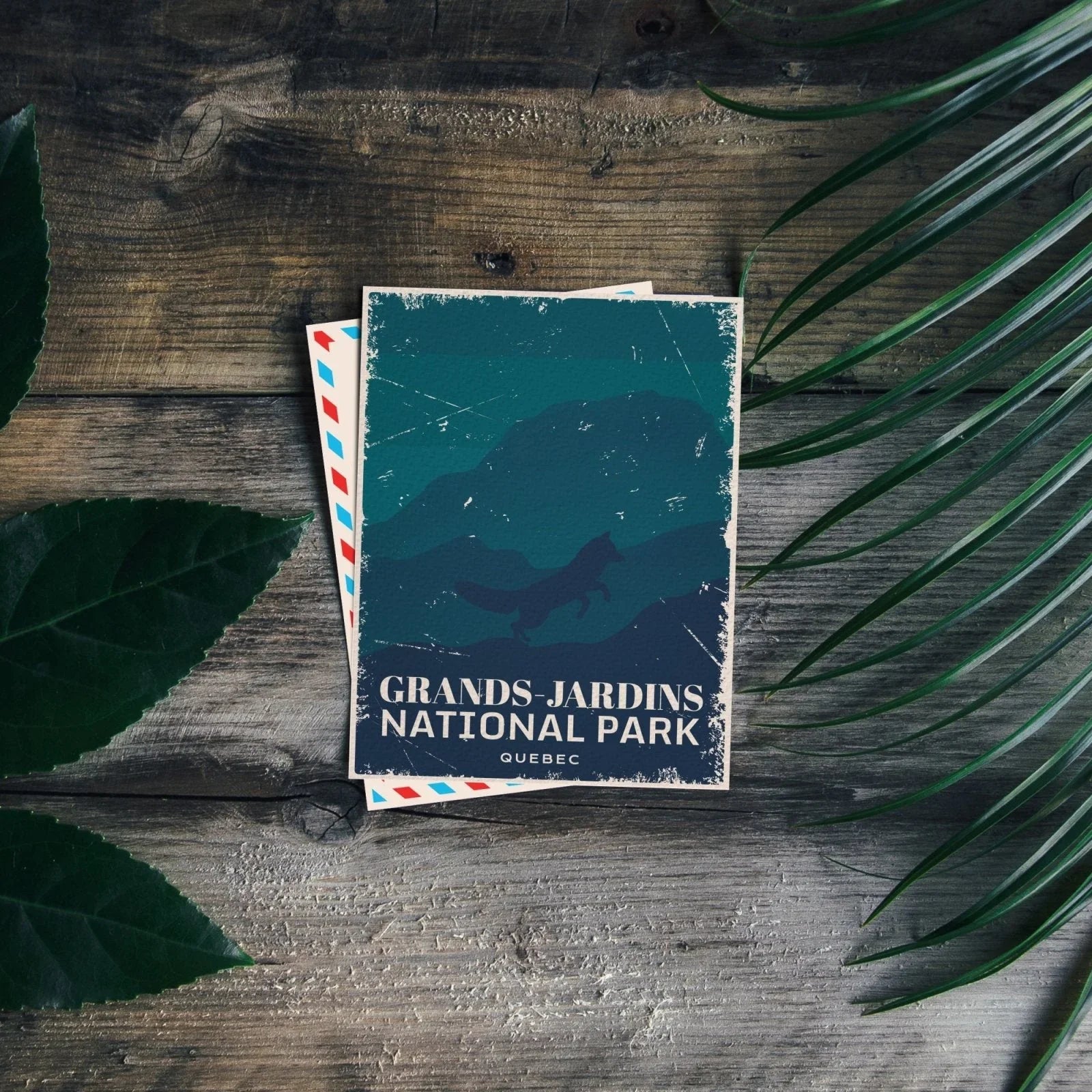 Grands-Jardins National Park Quebec postcard on wooden table with green leaves