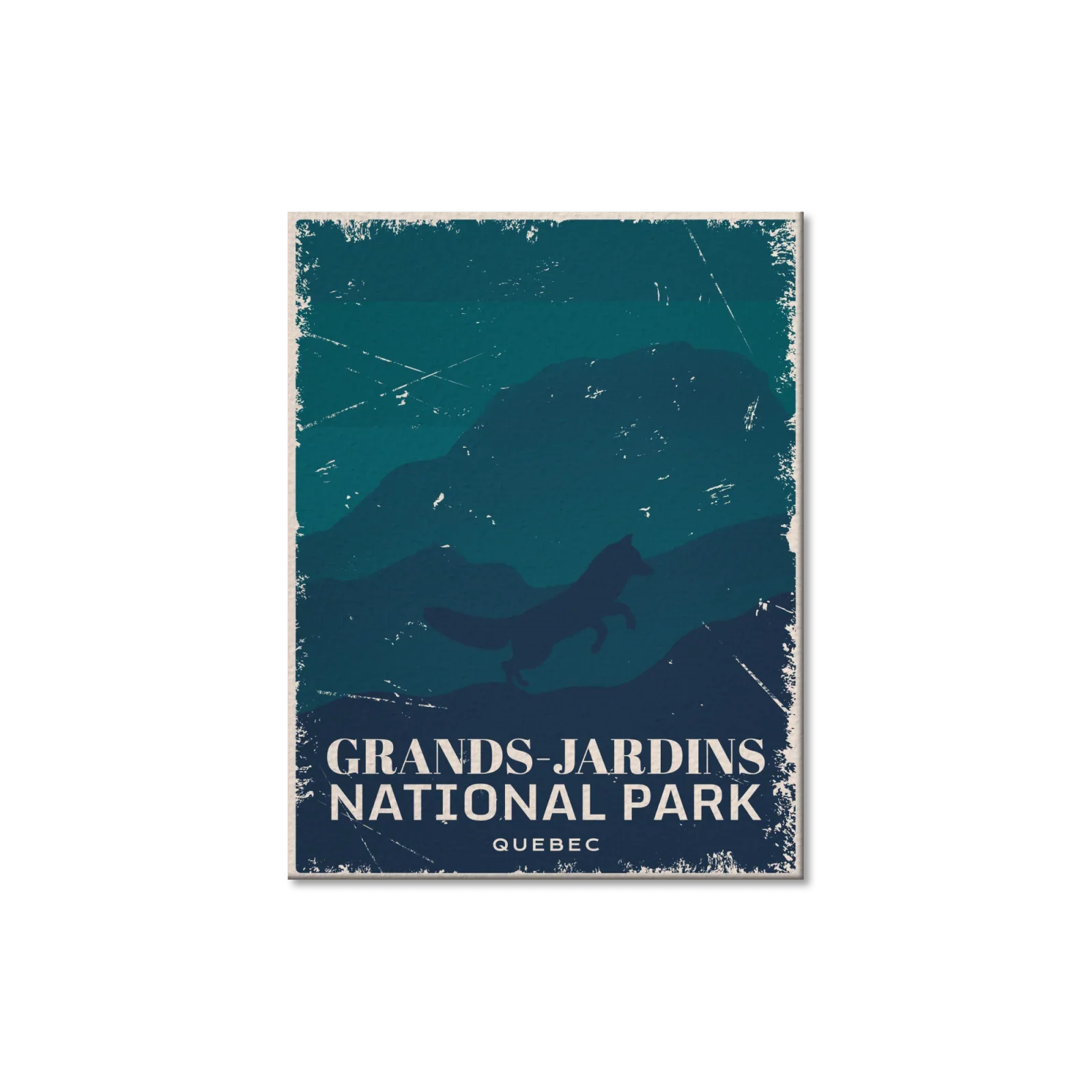 Grands-Jardins National Park Quebec postcard with mountain silhouette and fox graphic