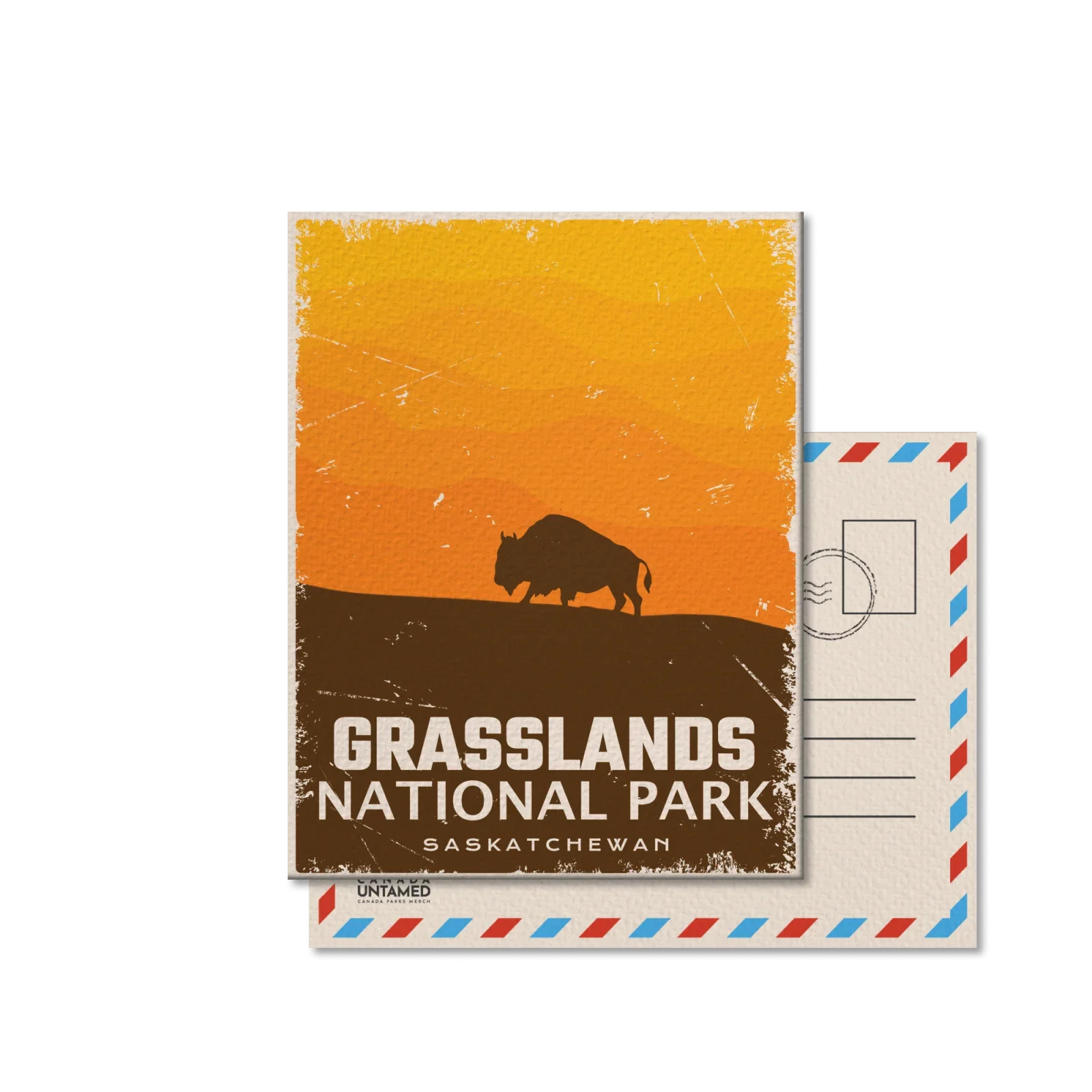 Grasslands National Park Canada postcard with bison silhouette and orange sunset