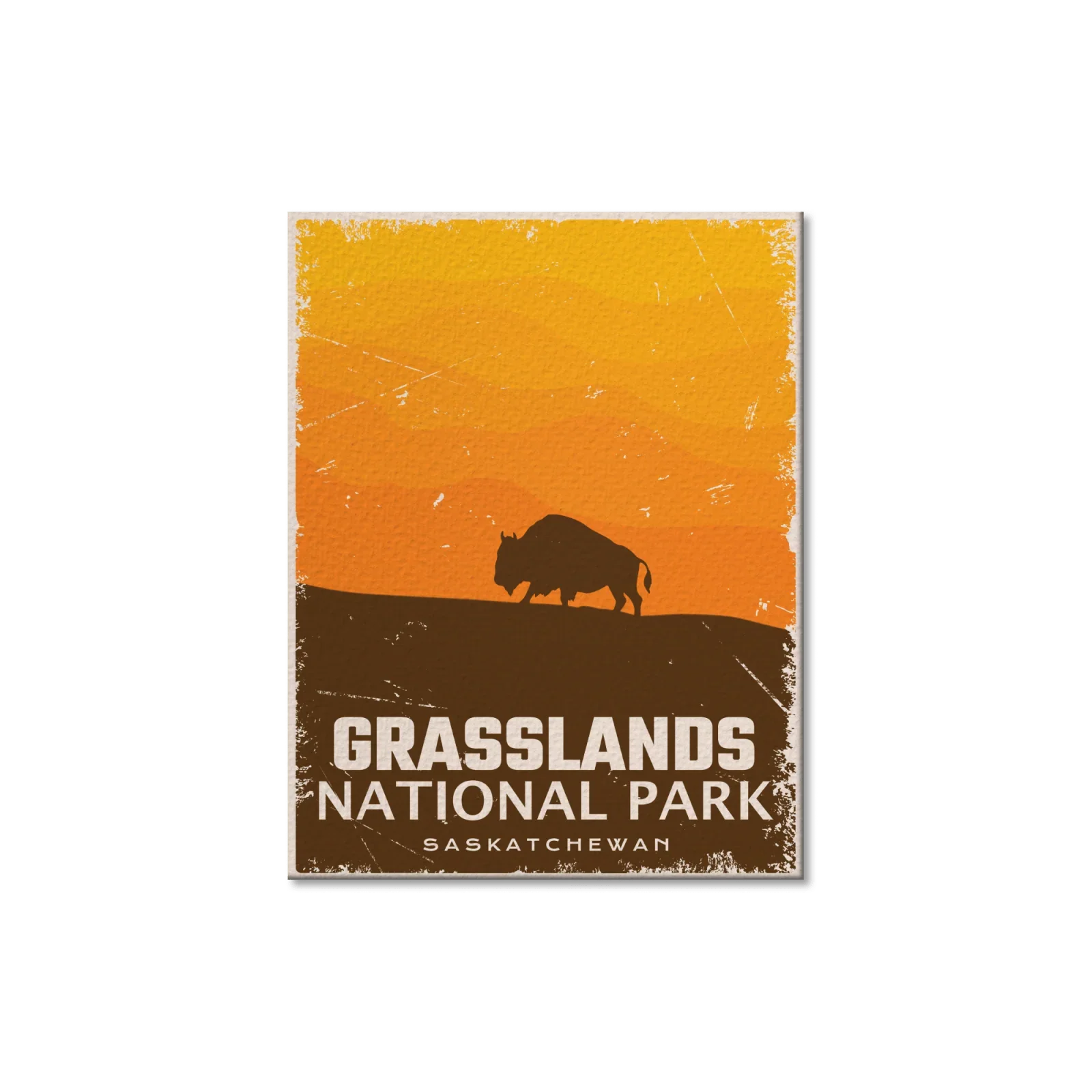 Grasslands National Park postcard with bison silhouette and orange sunset in Saskatchewan