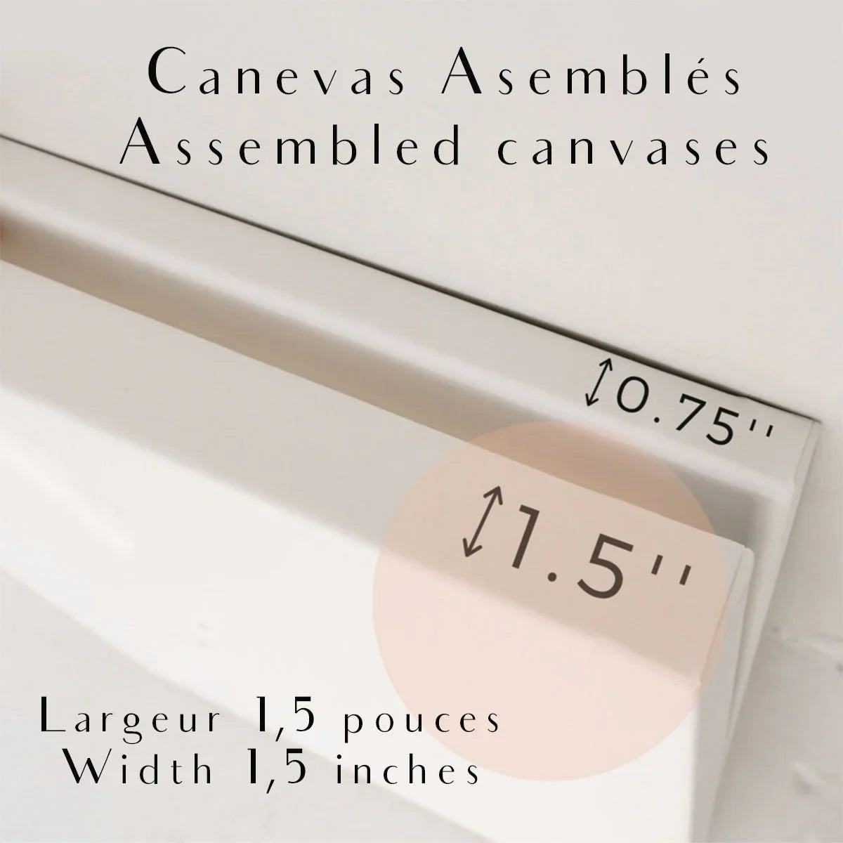 Close-up of assembled canvas edges showing 0.75 inch and 1.5 inch thickness options