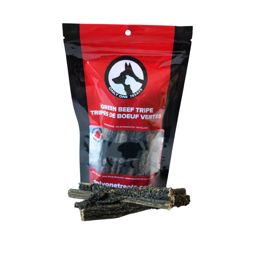 Only One Treats Green Beef Tripe dog treats 70g resealable bag with tripe pieces front