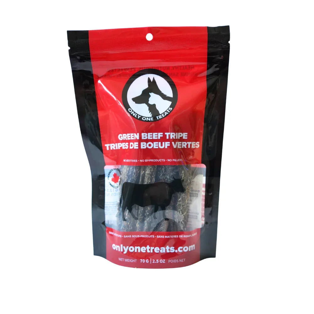 Only One Treats Green Beef Tripe 70g dog treats bag, red and black packaging