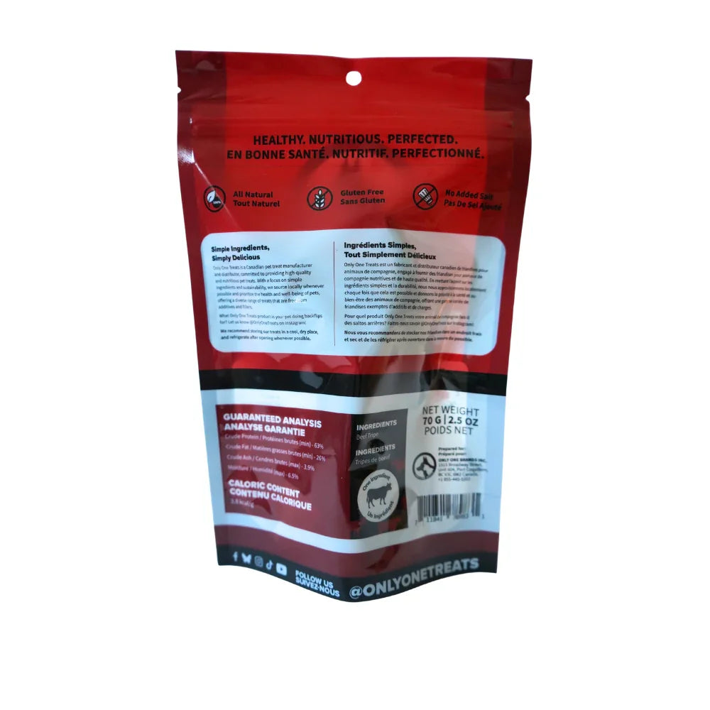 Back of Only One Treats Green Beef Tripe 70g bag with ingredient and nutrition details