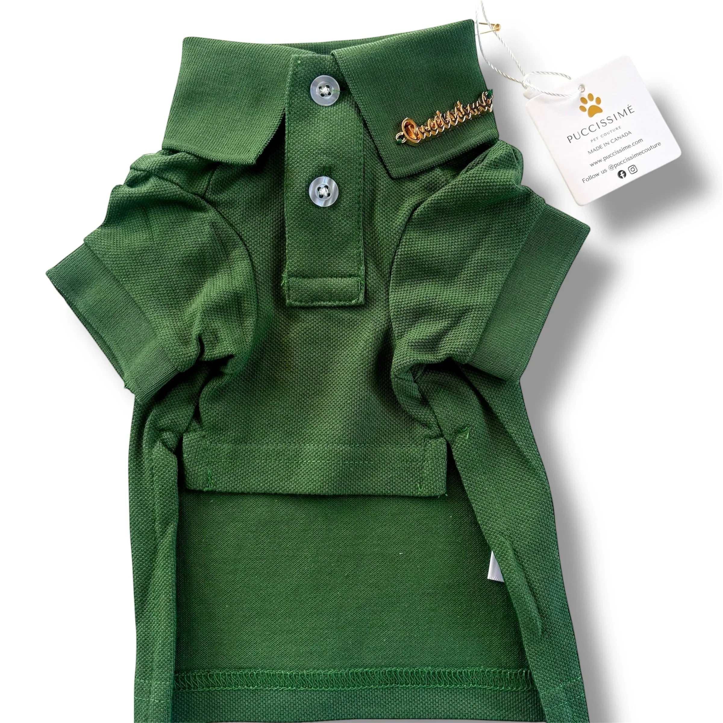 Green dog polo shirt with buttons, PUCCISSIMÉ brand tag, pet clothing.