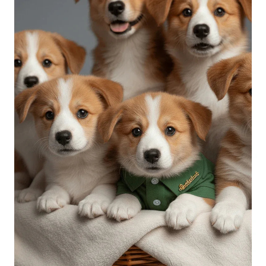 Brown and white puppy wearing a green shirt surrounded by littermates on a soft blanket