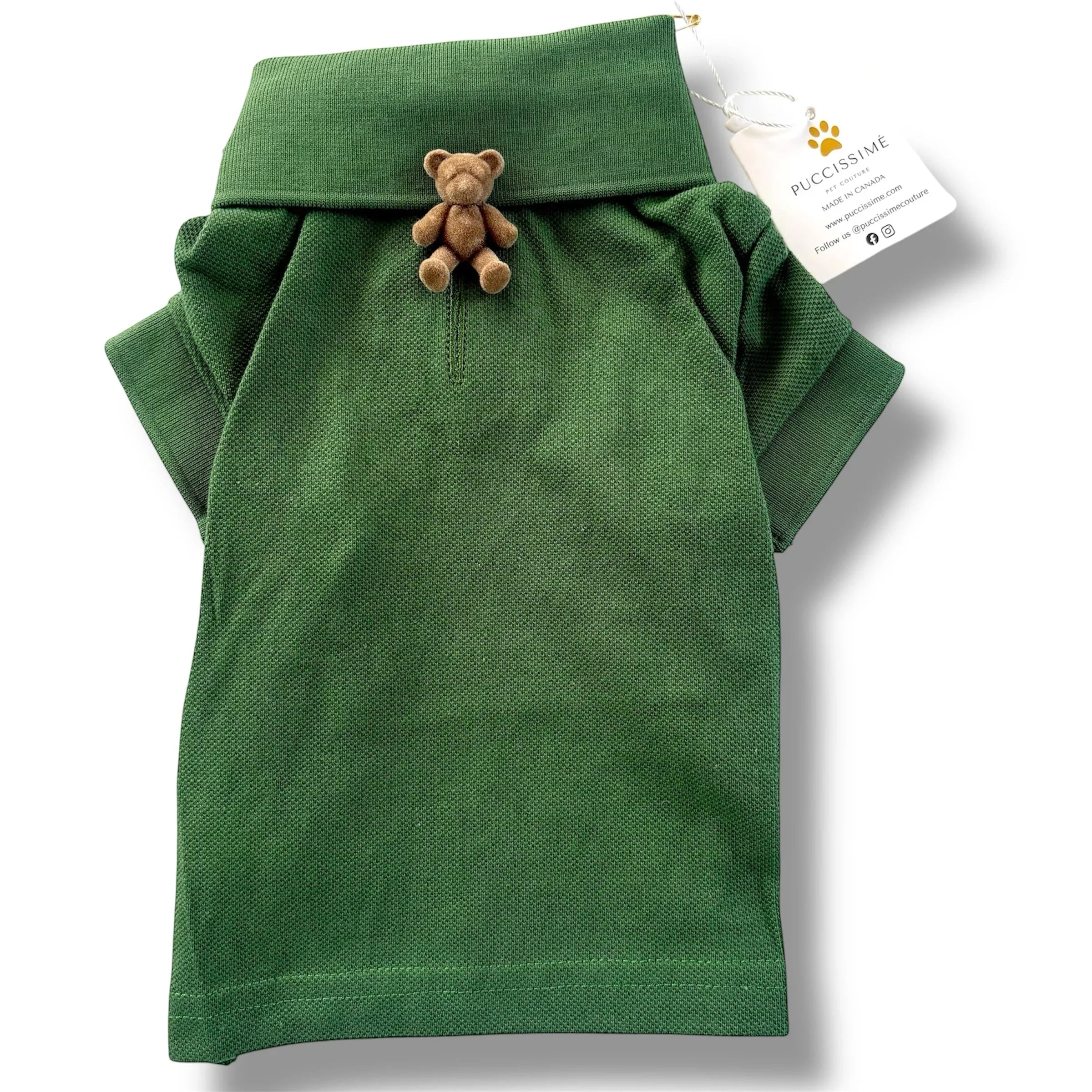Green dog polo shirt with teddy bear decoration and Puccissime tag