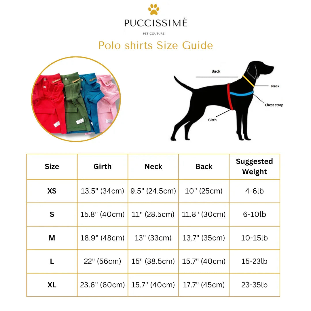 Puccissimé dog polo shirt size guide chart with polo shirts and dog measurement diagram