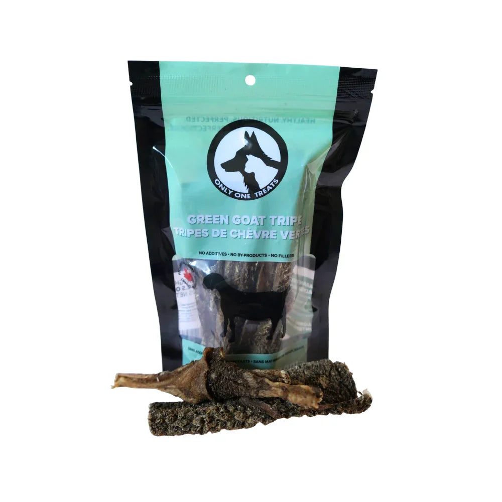 Only One Treats Green Goat Tripe 70g dog treats in teal resealable bag with tripe pieces