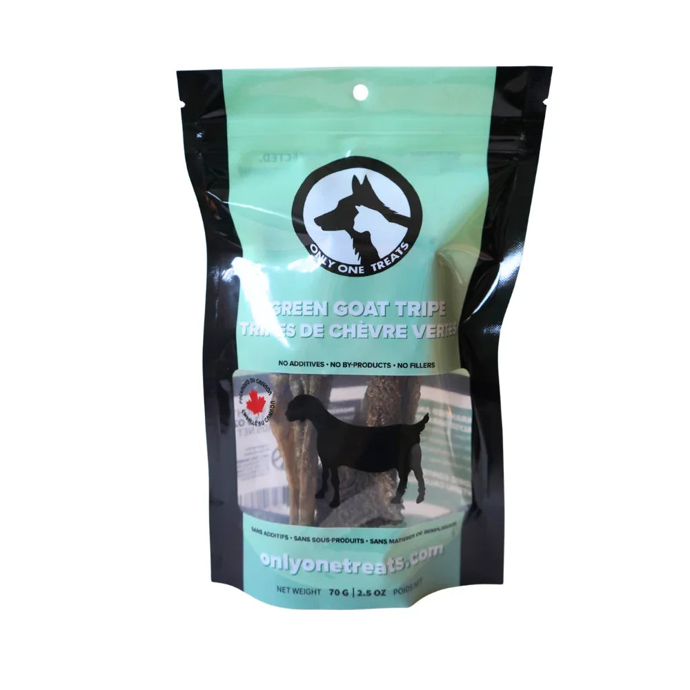 Only One Treats Green Goat Tripe 70g dog treats pouch, mint green and black packaging