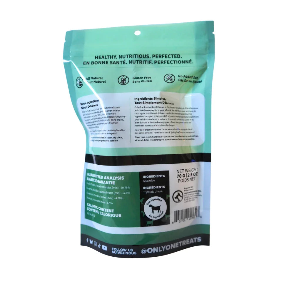 Back of Green Goat Tripe 70g dog treats bag with nutritional info and ingredients