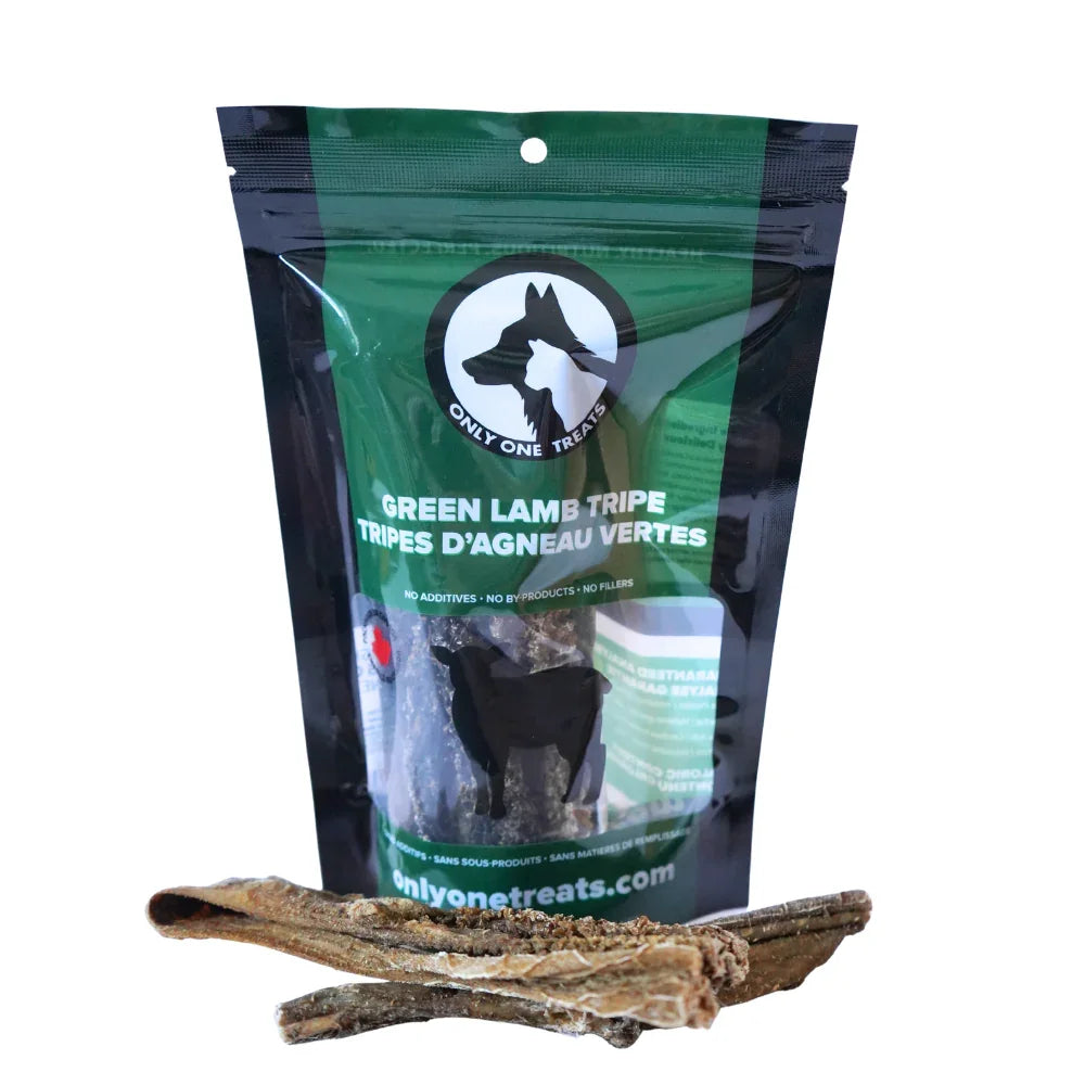 Only One Treats Green Lamb Tripe dog treats 70g resealable bag with dried tripe pieces