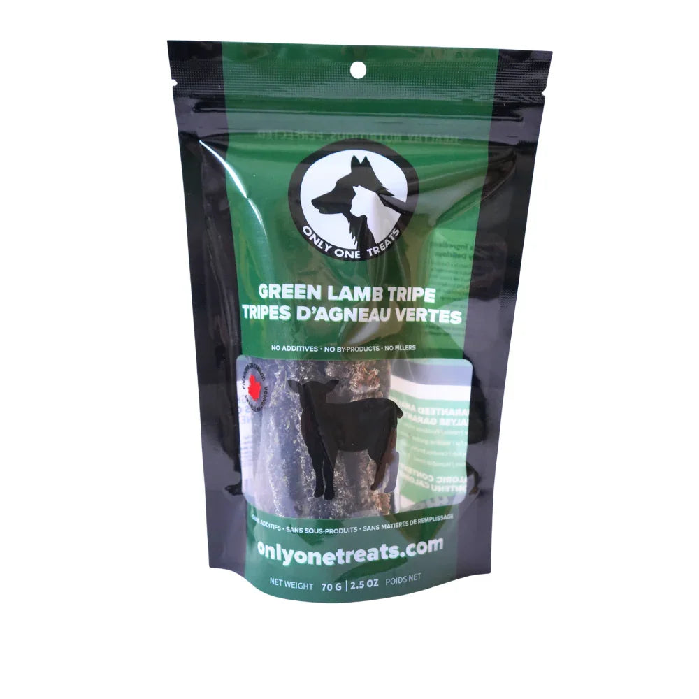 Only One Treats Green Lamb Tripe 70g pet treat bag, green packaging, front view
