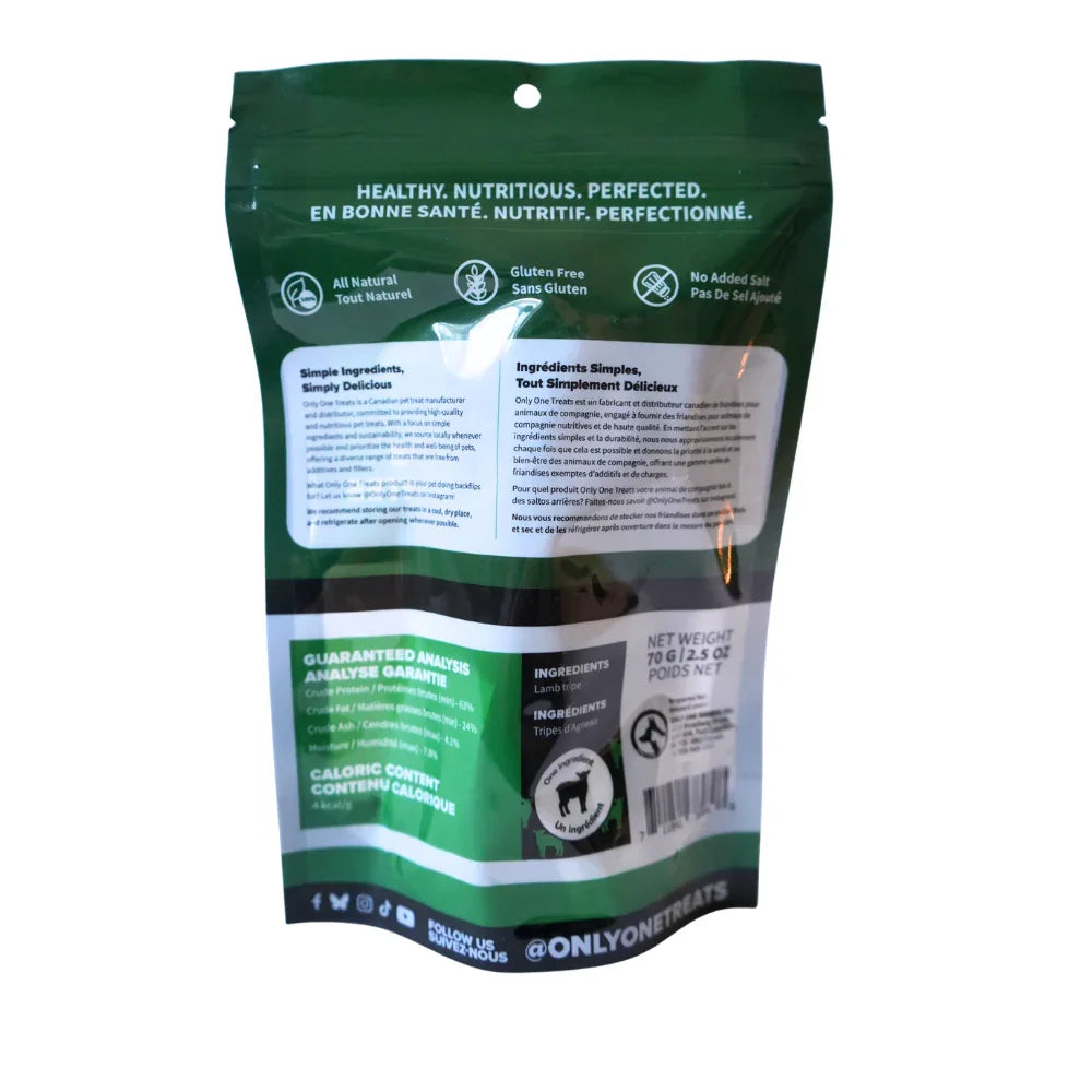 Back of green Only One Treats lamb tripe 70g pet treat bag with product info and icons