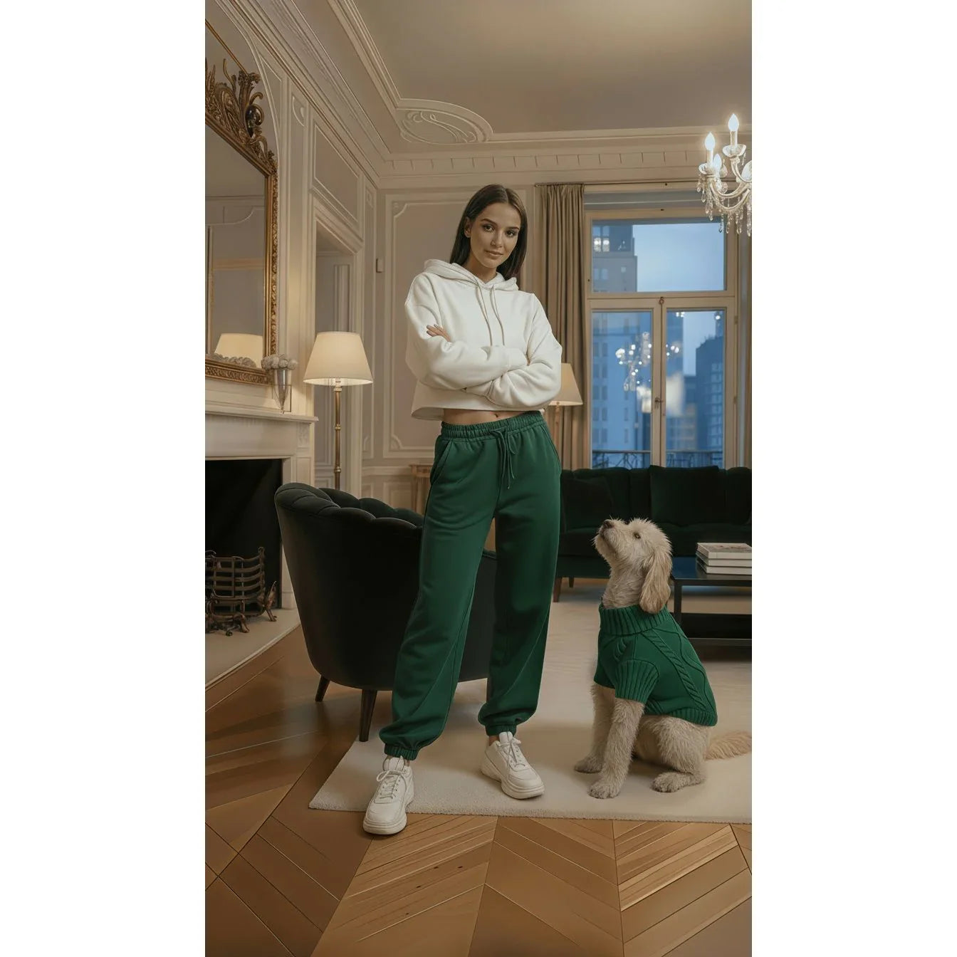 Woman in white hoodie and green pants with a dog in a green sweater in a stylish living room