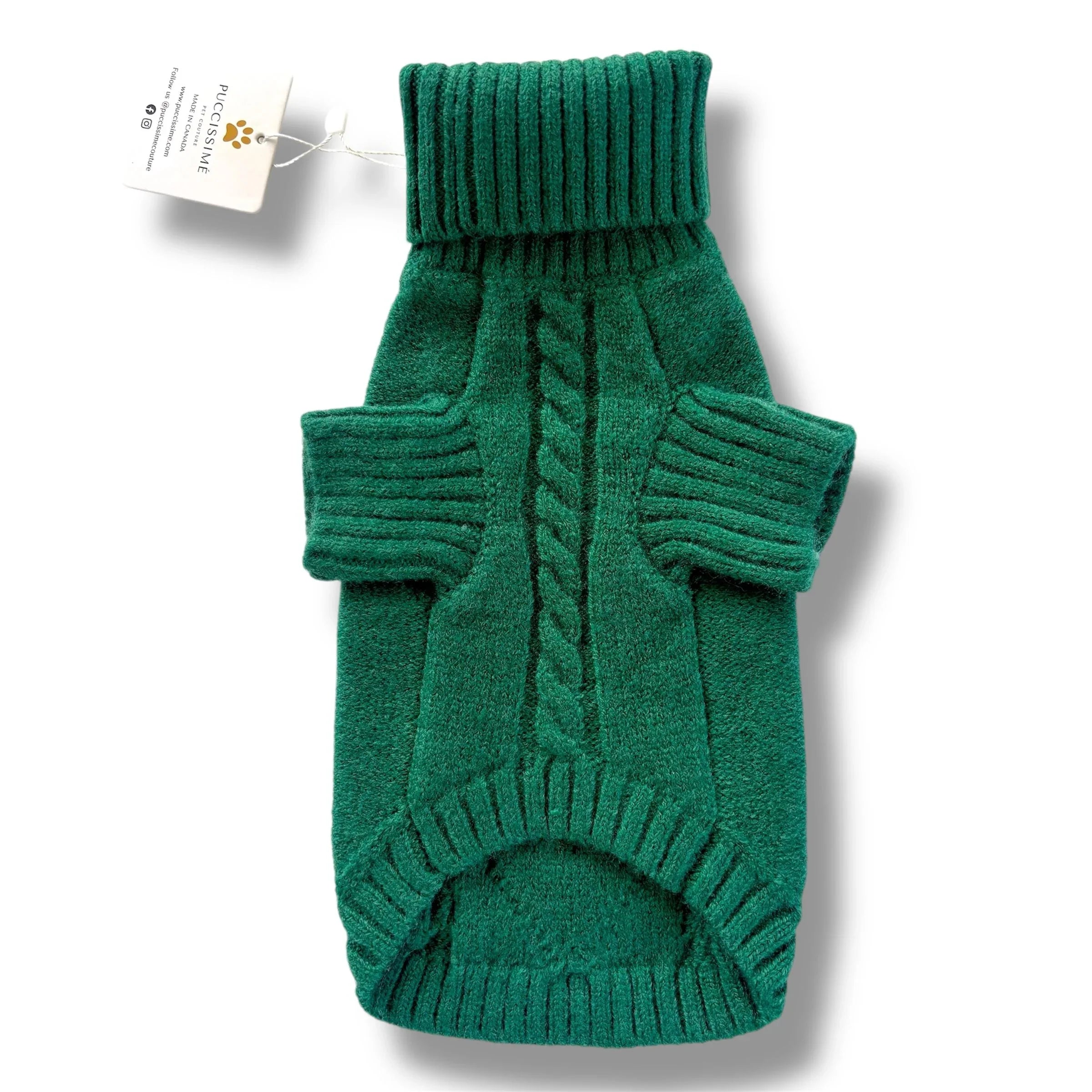 Green knit dog sweater with cable pattern and ribbed turtleneck, PucciSiamé tag attached