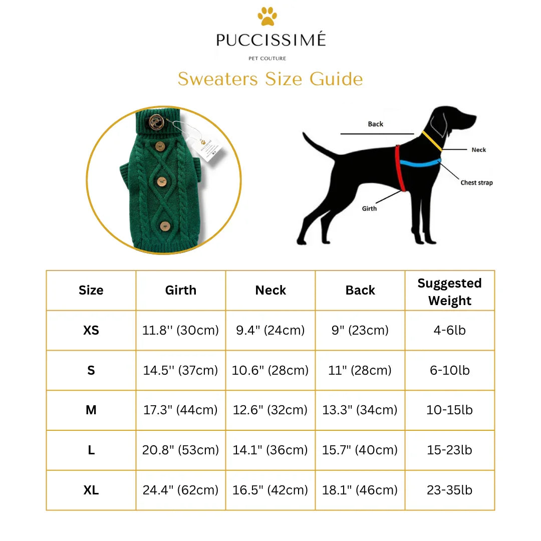 Puccissime dog sweaters size guide chart with measurements and green knit sweater