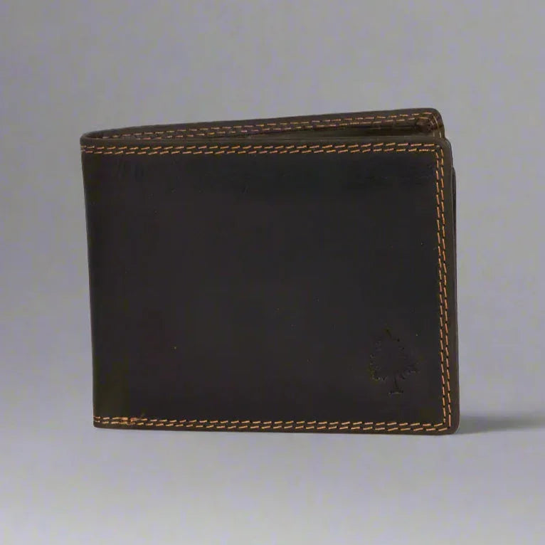 Dark brown leather wallet with contrast stitching on a plain background