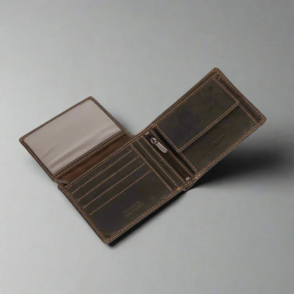 Open brown leather wallet with card slots, zipper pocket, and transparent ID window