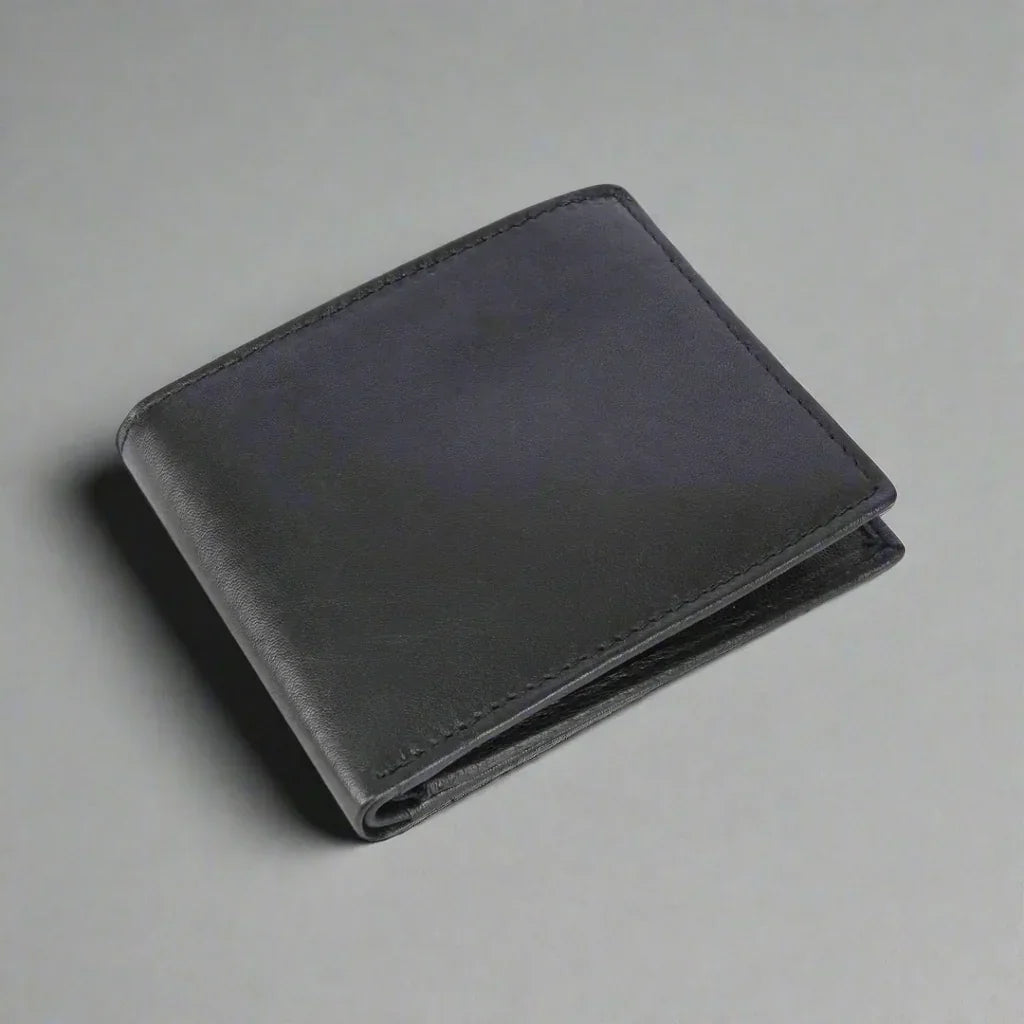 Black leather bifold wallet on a gray background