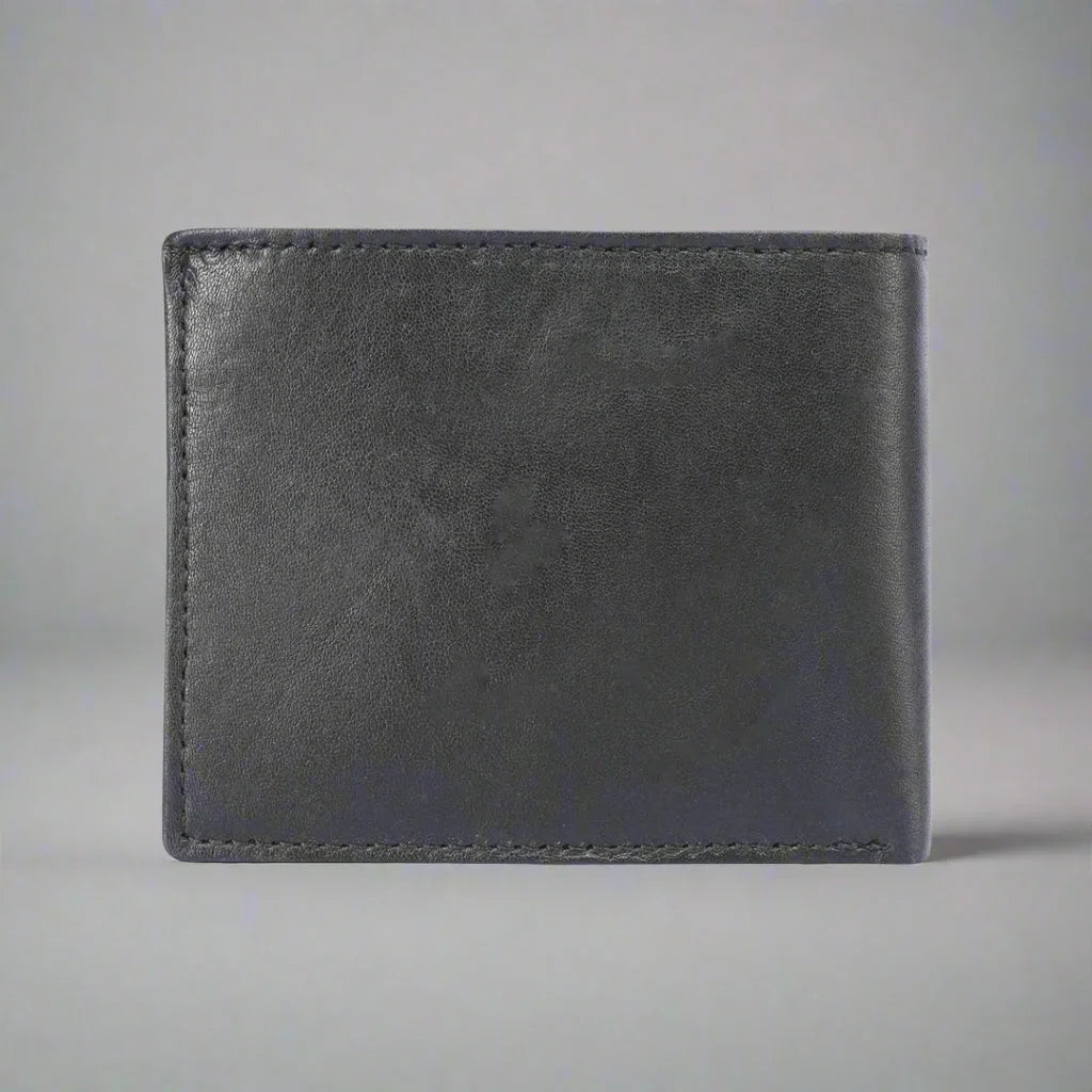 Black leather bifold wallet on a neutral gray background