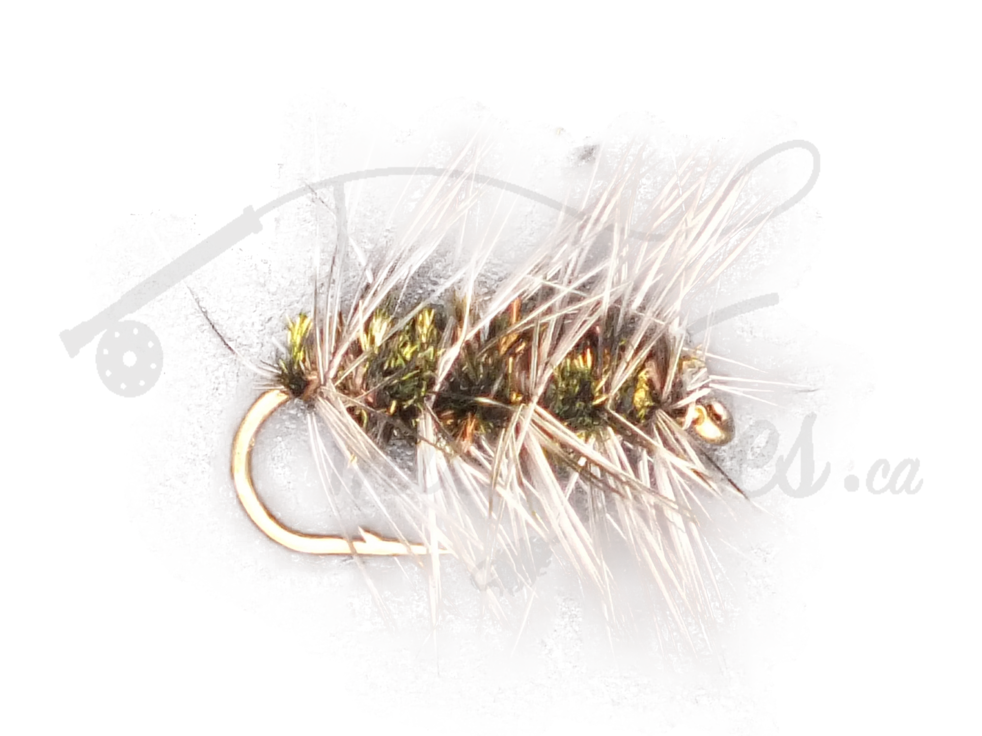 Griffiths Gnat dry fly fishing lure with bushy hackle and gold hook on grey background