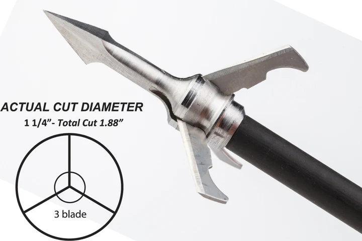Grim Reaper Archery Fatal Steel broadhead on arrow with three-blade cut diagram and cut diameter details