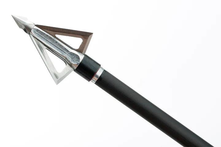 Grim Reaper Hades fixed blade broadhead for archery on a black arrow shaft, white background