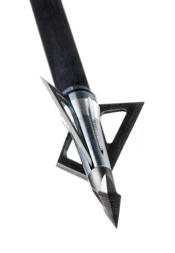 Grim Reaper Hades fixed blade broadhead for arrows, close-up on steel tip and blades
