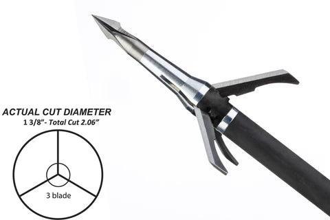 Mechanical broadhead for archery with three blades, close-up, cut diameter diagram shown