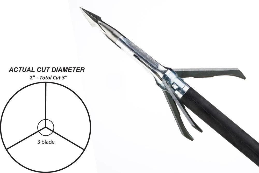 Grim Reaper Pro Series mechanical broadhead arrow with 3 blades and cut diameter diagram