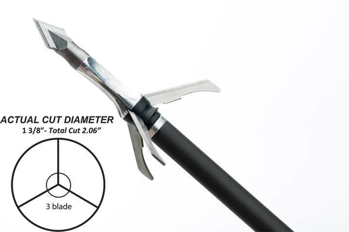 Grim Reaper archery Razorcut mechanical broadhead arrow, three blades, cut diameter diagram