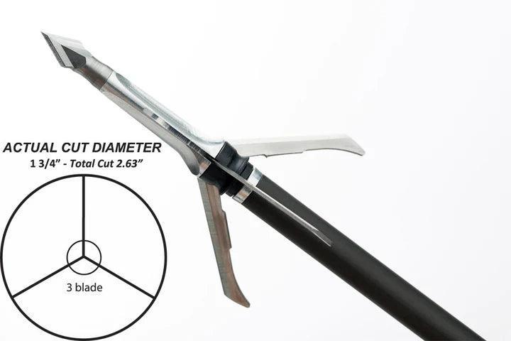 Grim Reaper Archery Razorcut mechanical broadhead 3-blade arrow with cut diameter diagram.