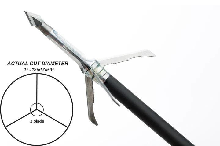 Grim Reaper Archery Razorcut mechanical broadhead with three blades and cut diameter diagram