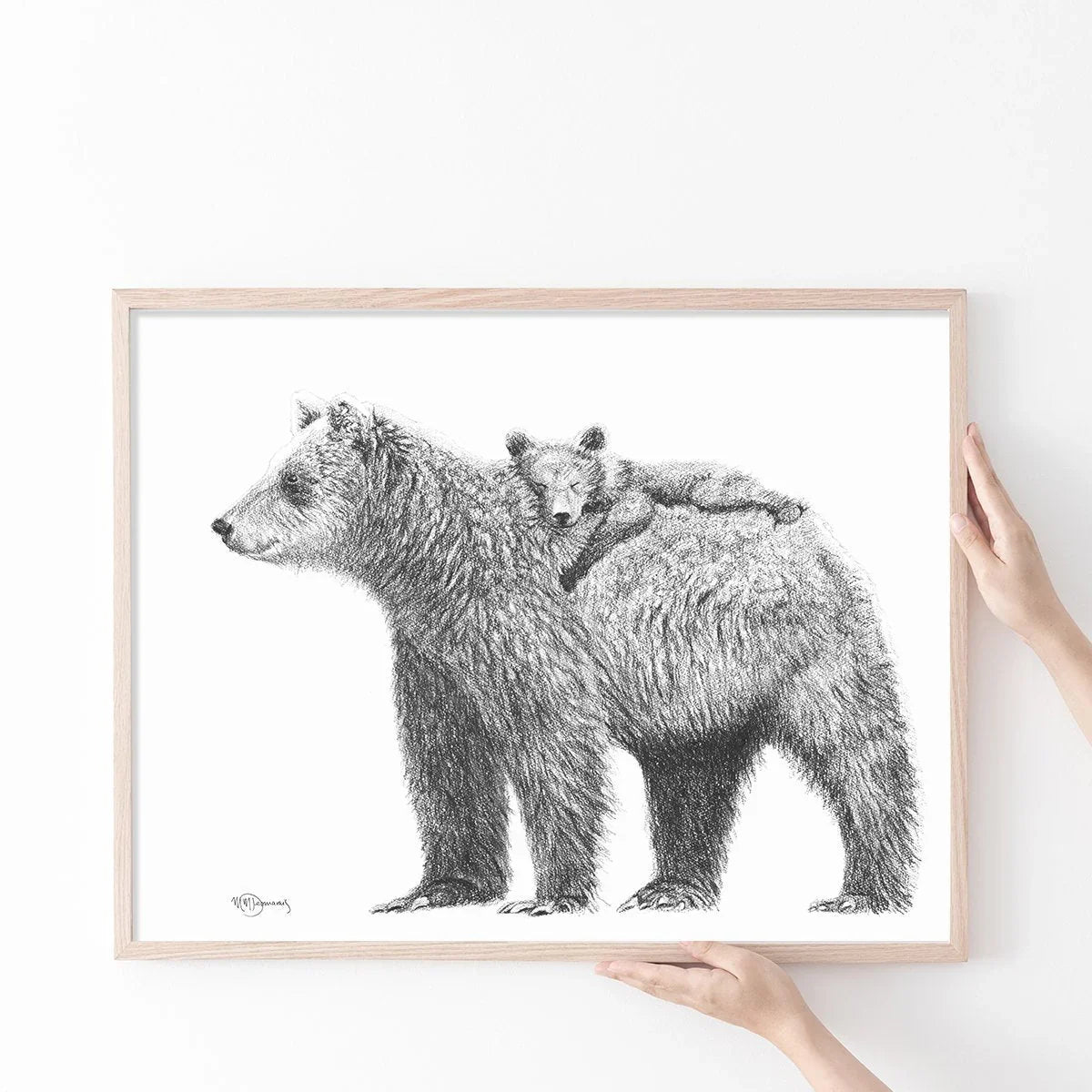 Black and white drawing of a mother bear with cub on back in wooden frame