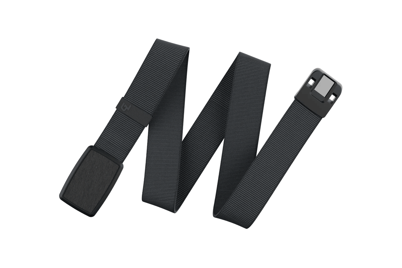 Black nylon web belt with matte black buckle on gray background