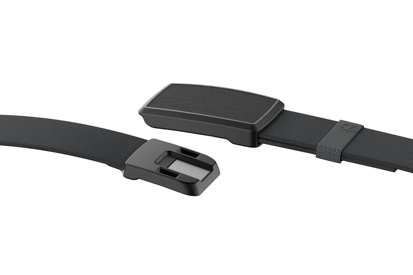 Men's grey web belt with rectangular black buckle, shown on flat background