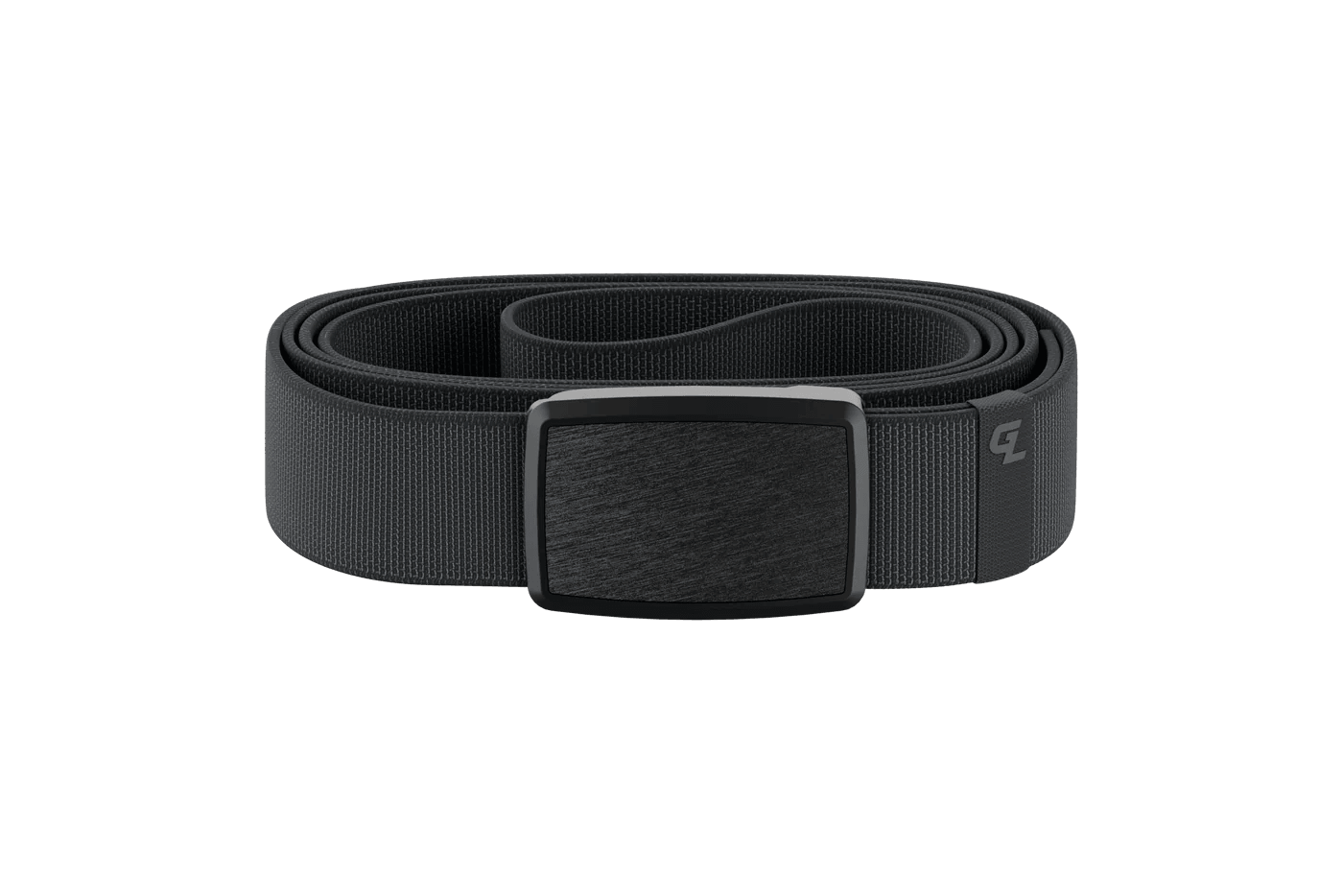 Matte black tactical belt with metal buckle and subtle logo on woven strap