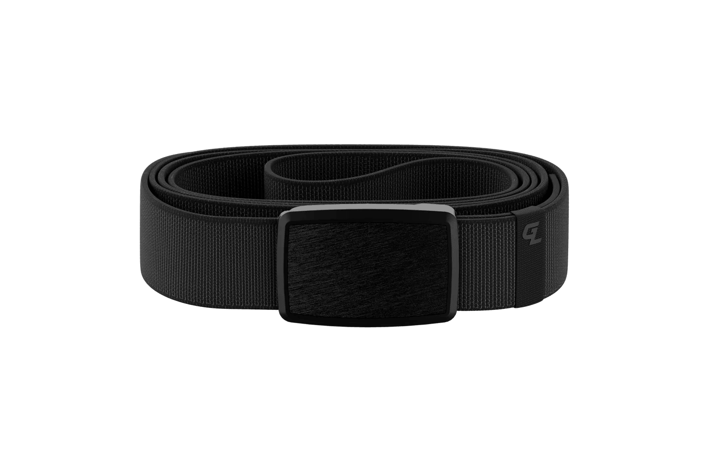 Matte black web belt with sleek square buckle, rolled and displayed on plain background
