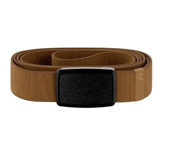 Brown nylon tactical belt with black rectangular buckle on white background