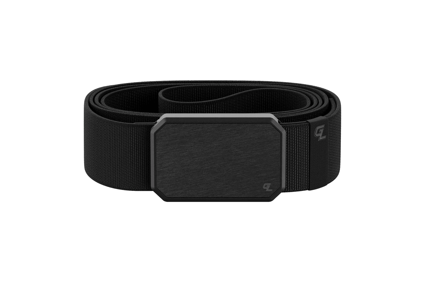 Black nylon belt with matte black rectangular buckle, minimalist modern design