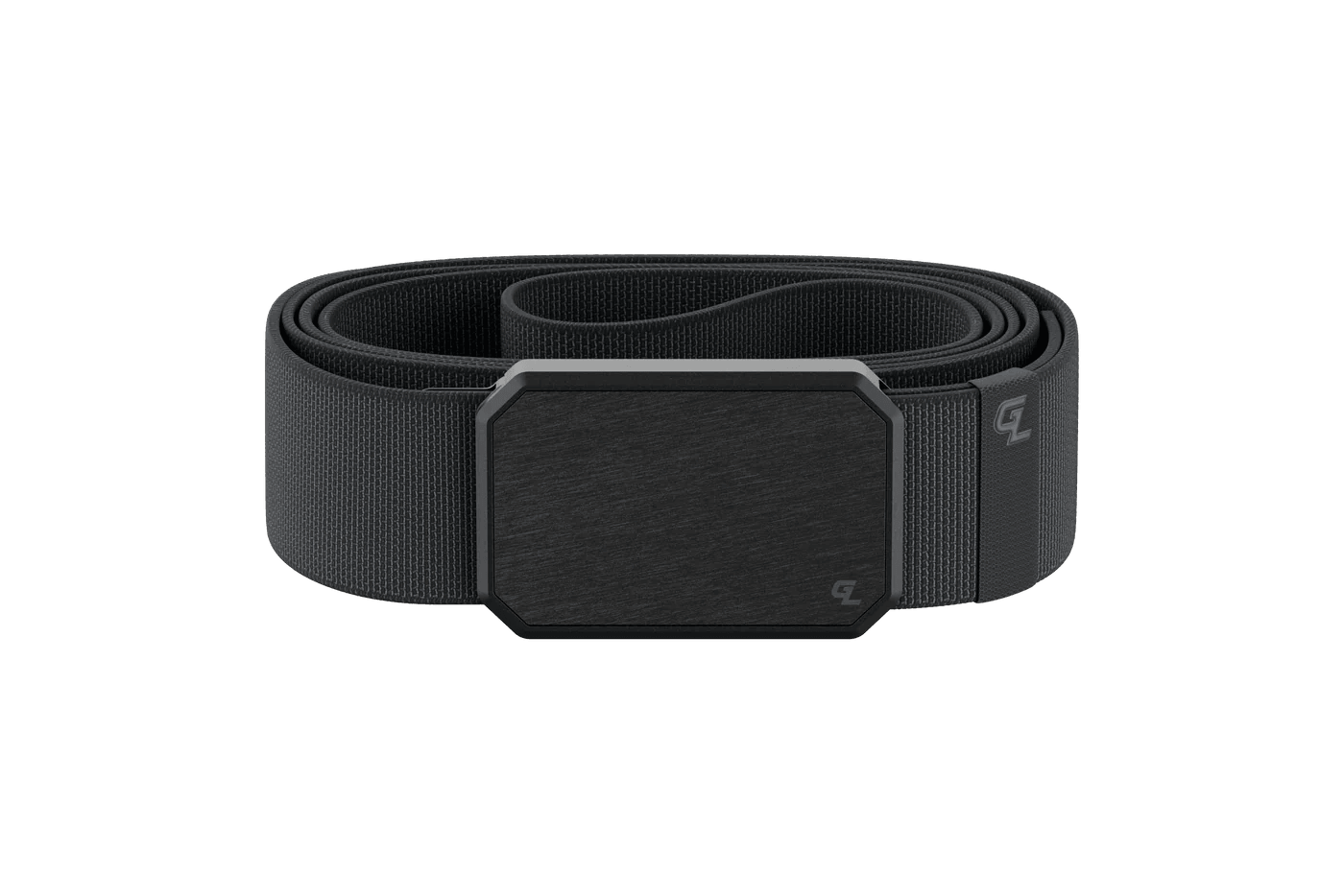Black nylon webbing belt with rectangular matte black buckle on a plain background