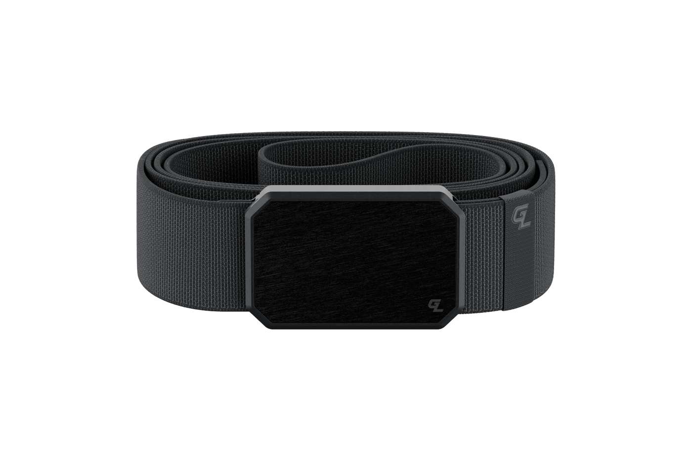 Black nylon tactical belt with rectangular matte black buckle on green background