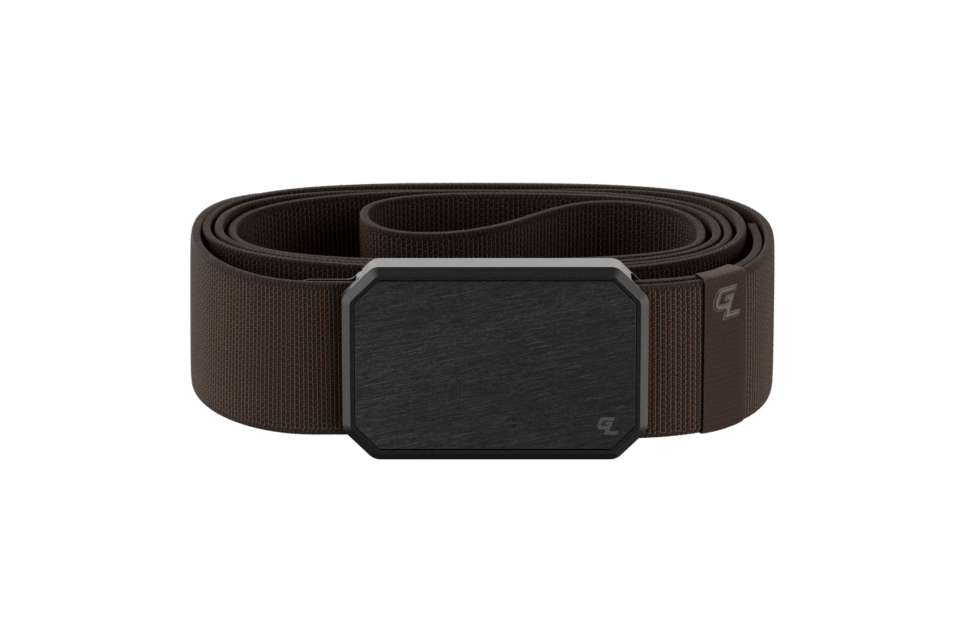 Brown men's belt with black rectangular buckle, modern design, coiled on plain background
