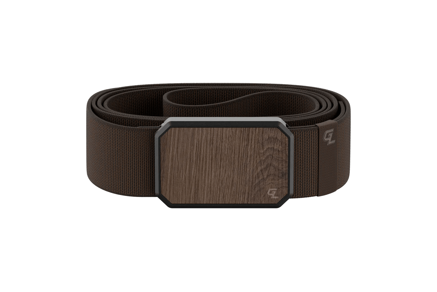 Walnut brown belt with rectangular wood grain buckle on plain background
