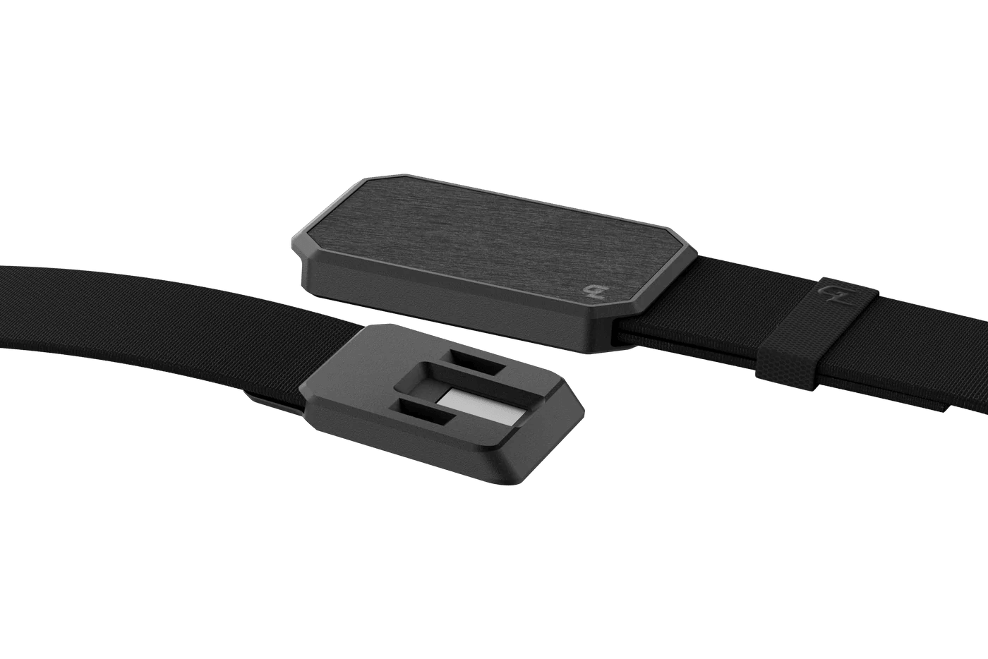 Black nylon tactical belt with rectangular magnetic buckle, modern minimalist design